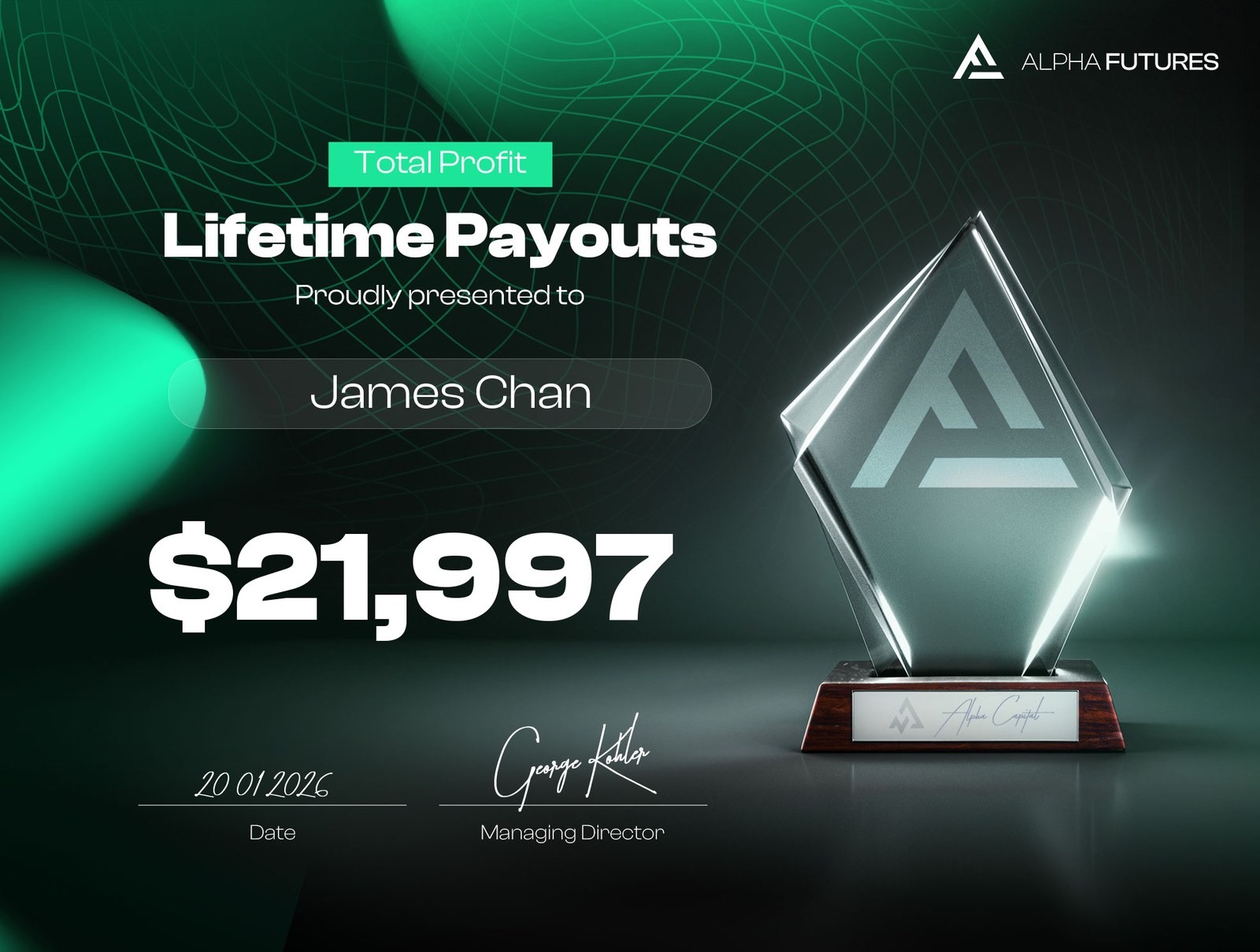 Alpha Futures lifetime payouts award, $21,997