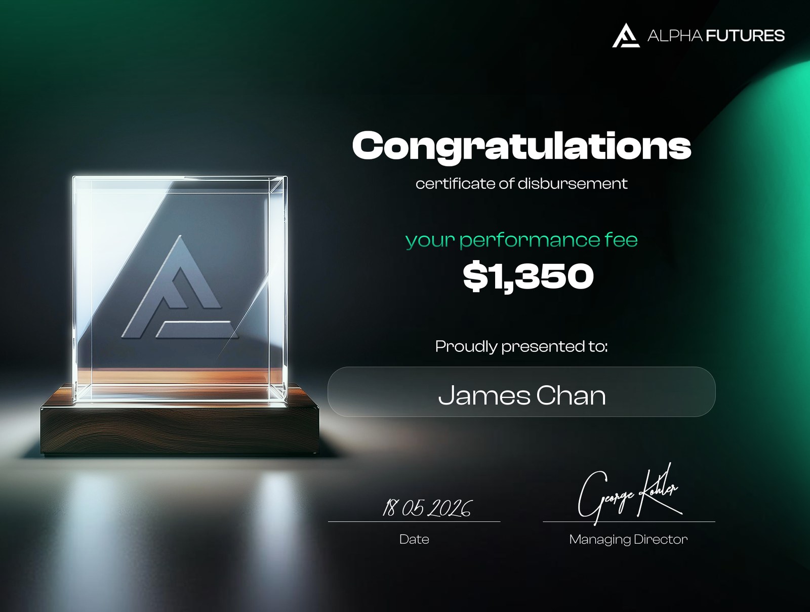 Alpha Futures certificate of disbursement, $1,350