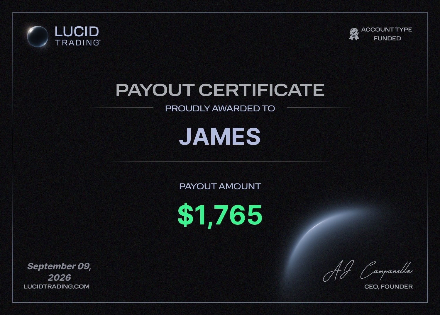 Lucid Trading payout certificate, $1,765