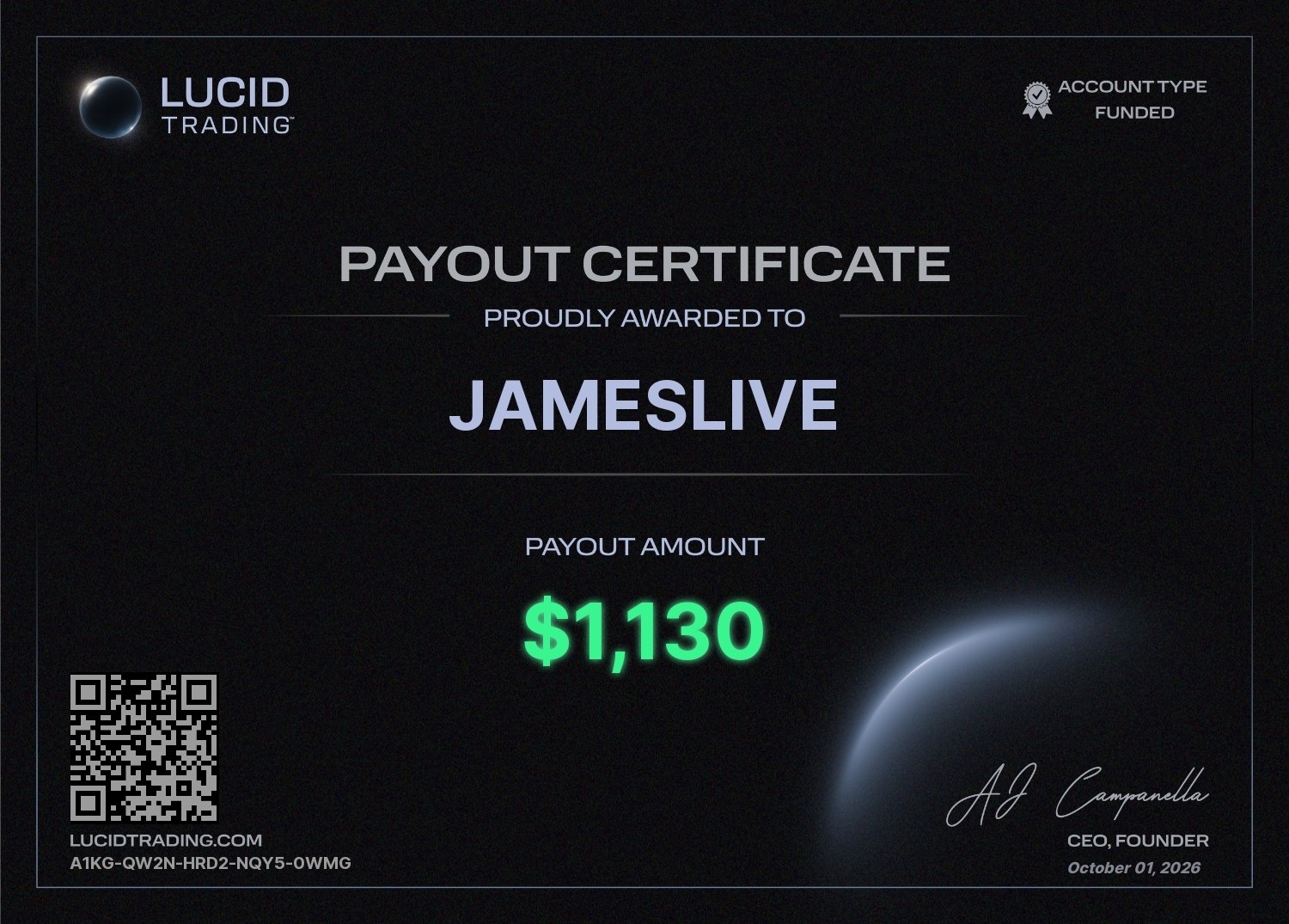 Lucid Trading payout certificate, $1,130